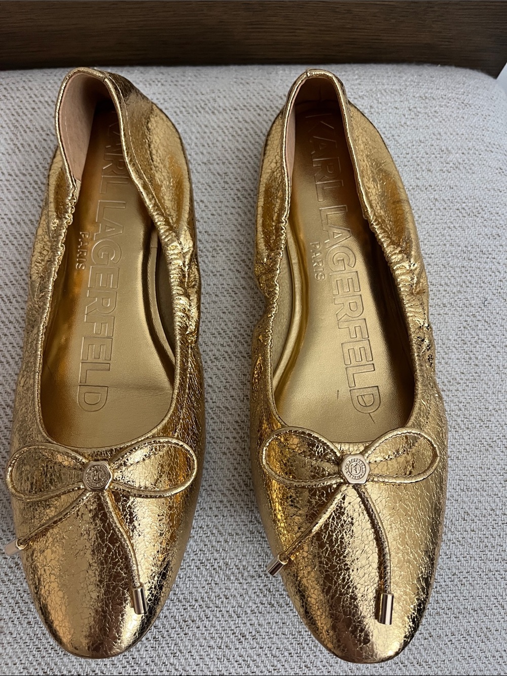 Karl Lagerfeld Metallic Gold Bow Ballet Flats
